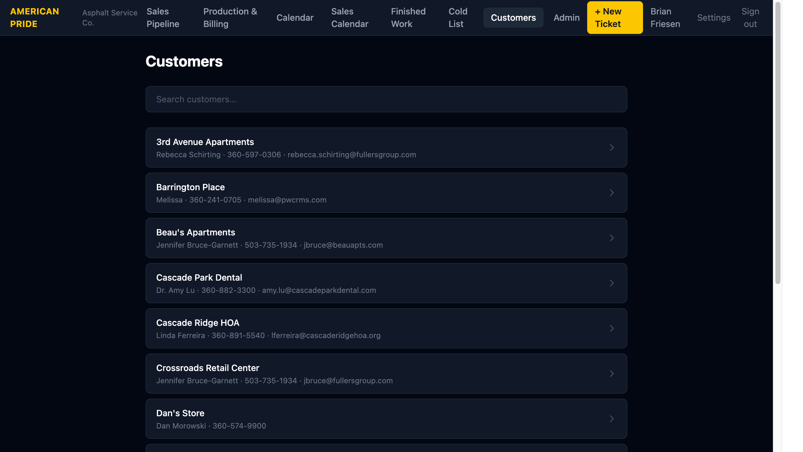 Customers page