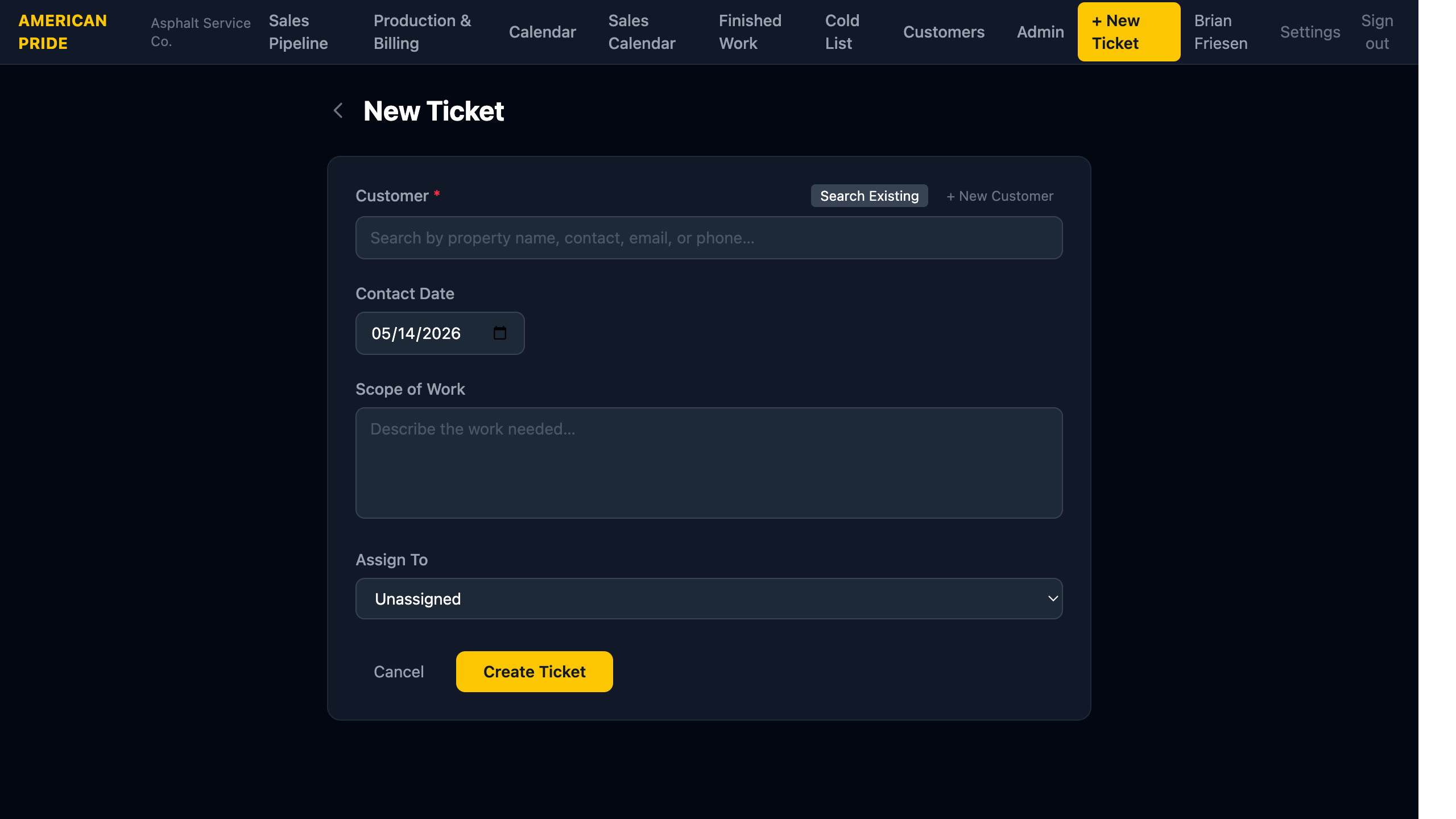 New Ticket form